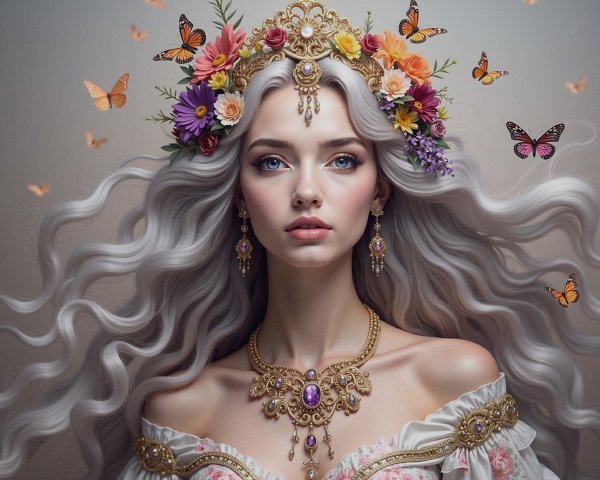 Regal Woman with Silver Hair and Flower Crown