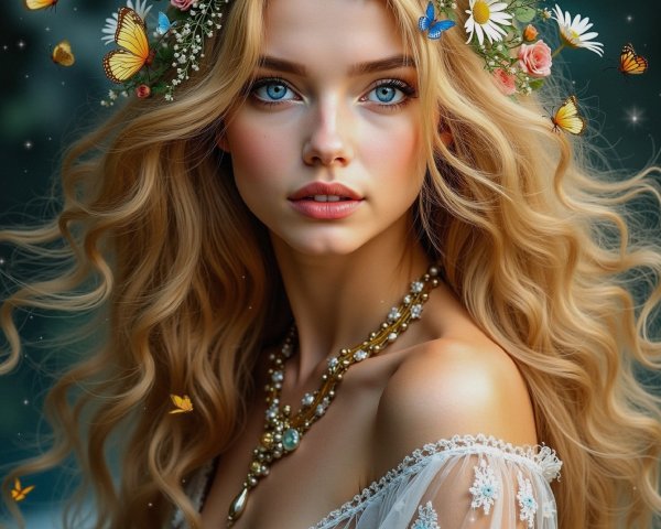 Young woman in sheer gown with floral crown and butterflies