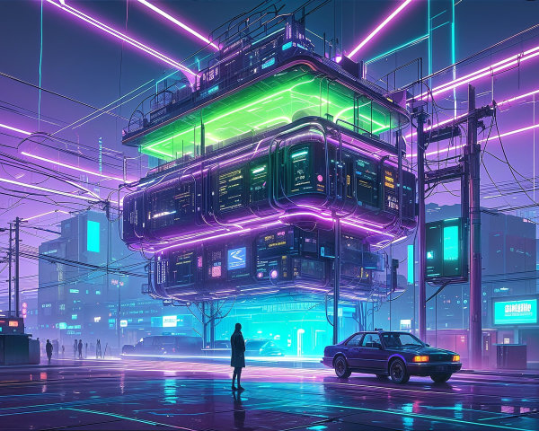 Futuristic Urban Scene with Neon Lights and Classic Car