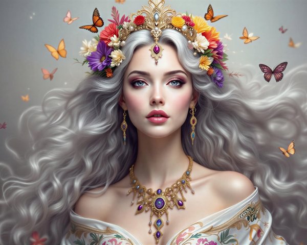 Woman with Silver Hair and Floral Crown in Nature