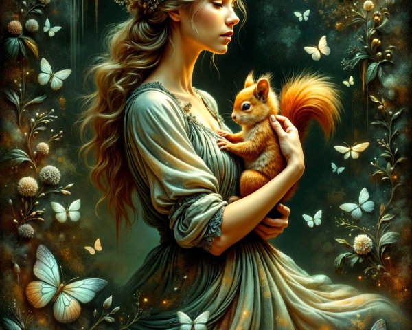 Young Woman with Squirrel in Nature's Harmony