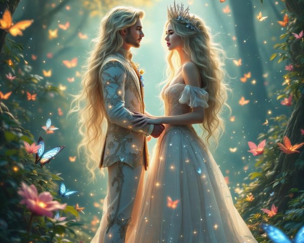 Couple in Magical Forest with Ethereal Light and Butterflies