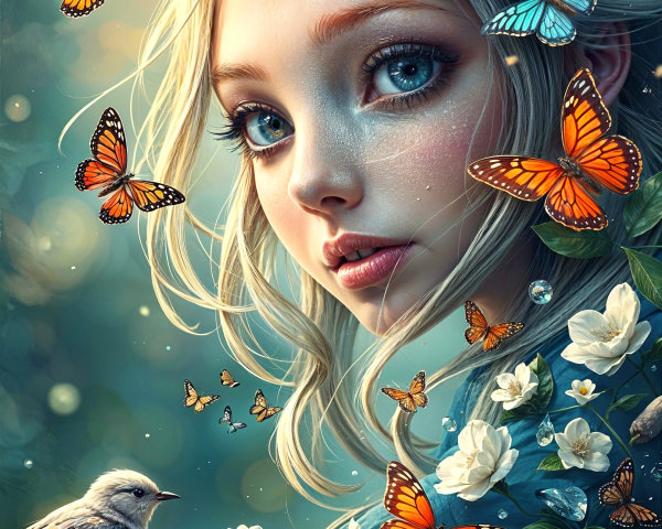 Young woman with flowers and butterflies in nature