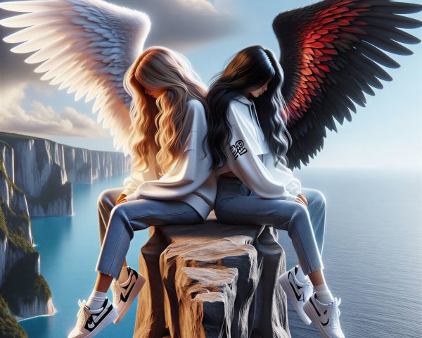 Contrasting Figures with Angelic and Dark Wings on Cliff