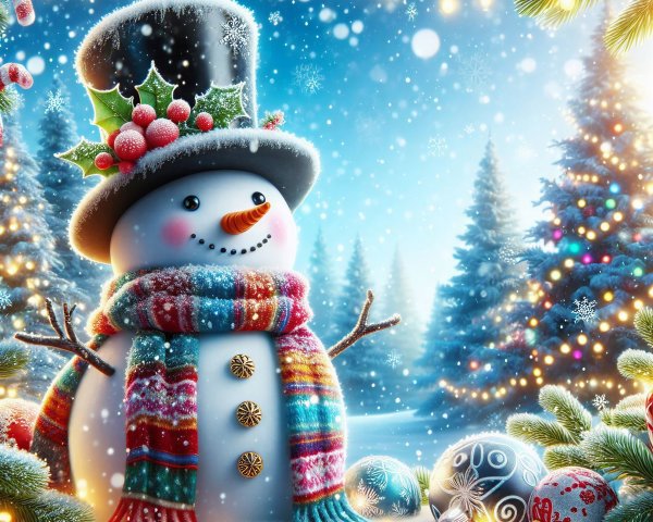 Cheerful snowman in a snowy winter landscape