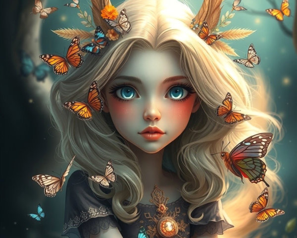Whimsical girl with blonde hair in an enchanted setting