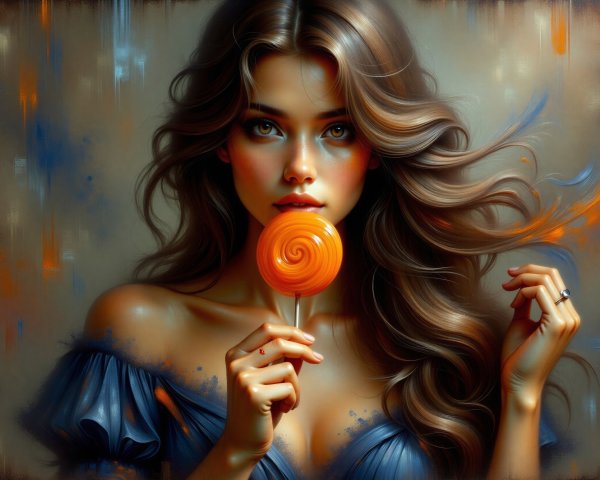 Young woman with lollipop in dreamy, colorful setting