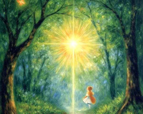 Young girl in a forest with light and butterflies