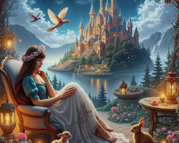 Enchanted Landscape with Woman and Majestic Castle
