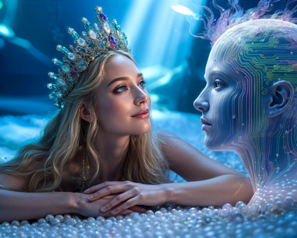Underwater Scene with Woman and Robotic Figure