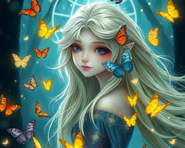 Mystical fairy surrounded by butterflies in enchanted glow