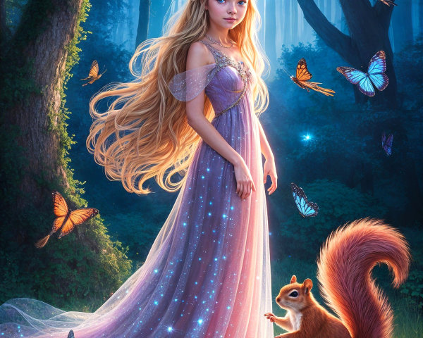 Young girl in pastel gown in enchanting forest scene