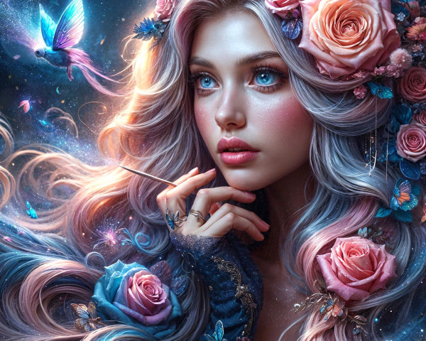 Ethereal portrait of a woman with lavender hair and flowers