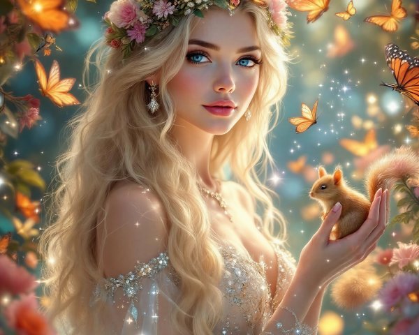 Fairy-tale Scene with Woman, Squirrel, and Butterflies