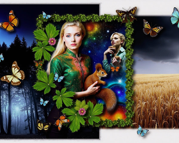Surreal Collage of Woman, Squirrel, and Nature Elements