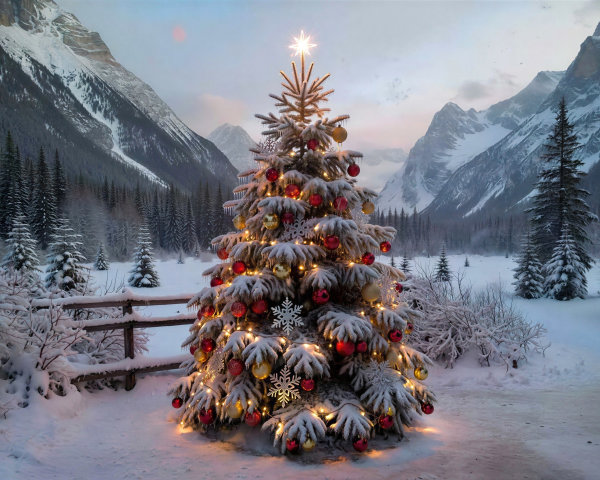 Outdoor Christmas tree with snow and festive decor