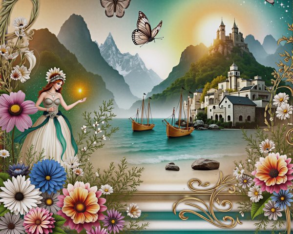 Vibrant Beach Landscape with Mountains and Castle