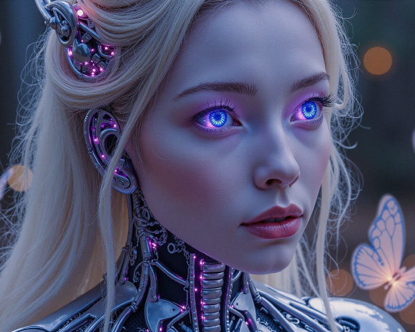 Futuristic humanoid female robot with butterflies