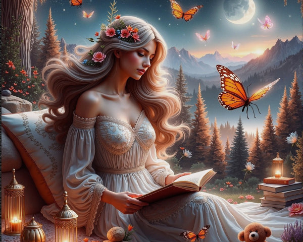 Woman Reading in a Magical Forest at Twilight