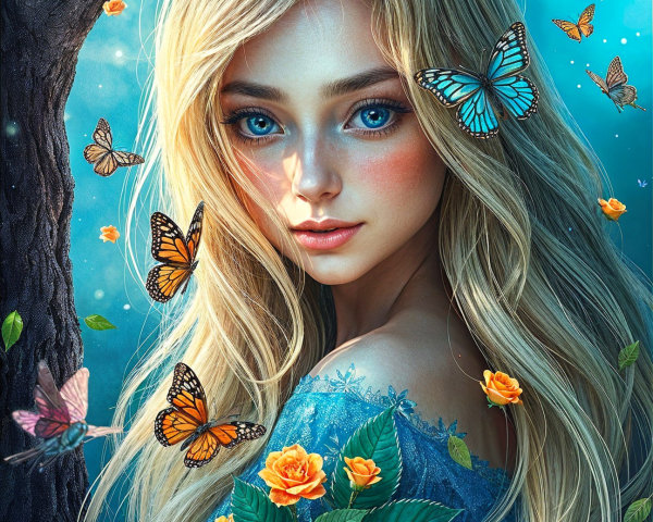 Young woman with blonde hair among roses and butterflies
