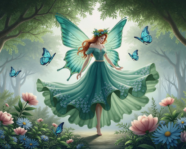 Whimsical Fairy with Green Wings in Lush Forest