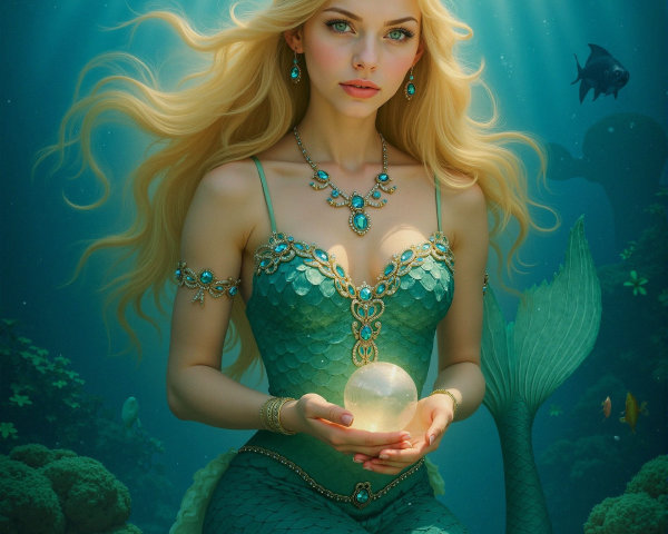 Mermaid with Blonde Hair and Green Tail Underwater