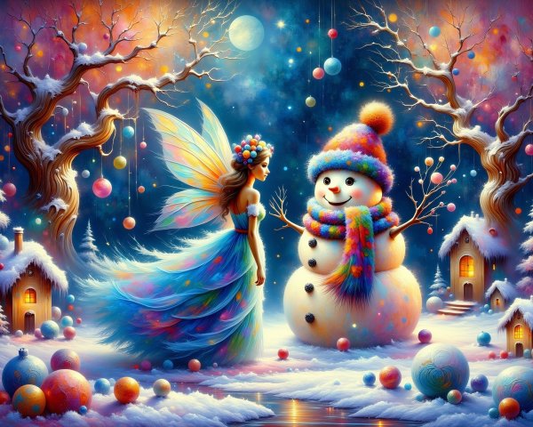 Whimsical Fairy and Snowman in Snowy Landscape