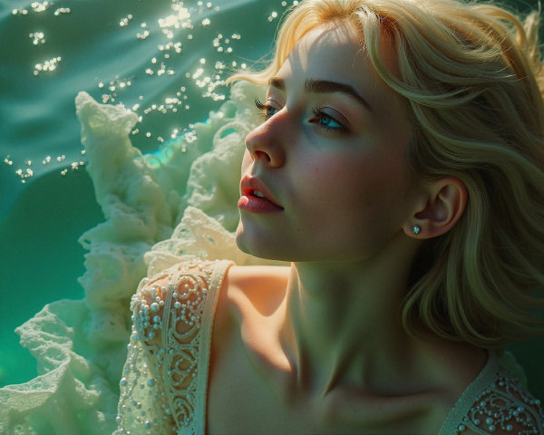 Young woman in flowing garment floating in water