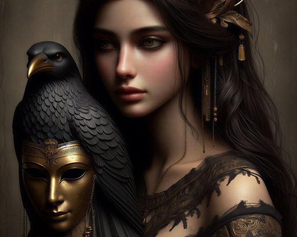 Portrait of a Woman with Gold Accessories and Raven