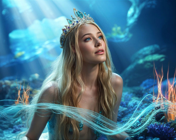 Underwater Scene Featuring a Mermaid with Crown