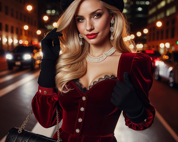 Glamorous Woman in Red Dress on City Street at Night
