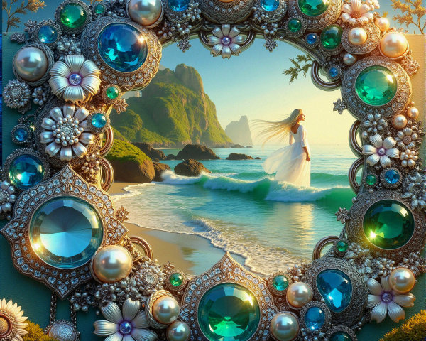 Beach Scene with Ornate Border and Sunset Glow