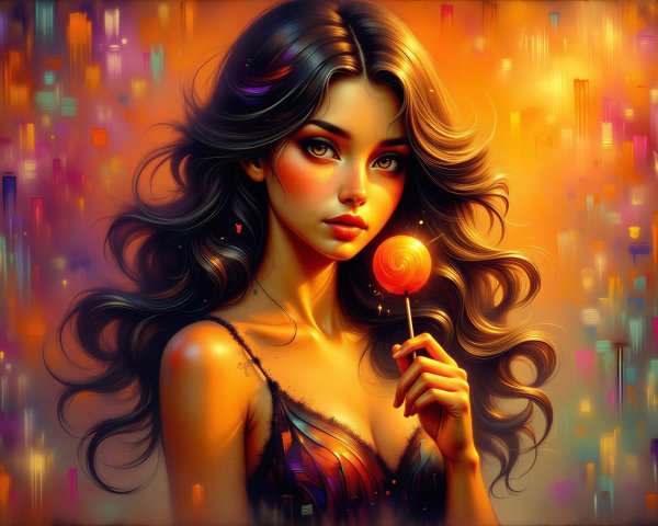 Portrait of a Young Woman with Colorful Lollipop