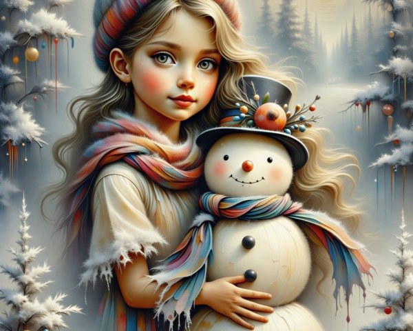 Young girl with snowman in a winter landscape