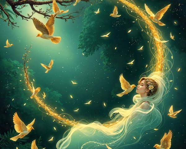 Ethereal Woman in Enchanted Forest with Golden Light