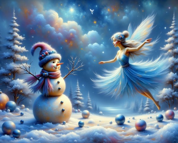 Whimsical Winter Wonderland with Fairy and Snowman