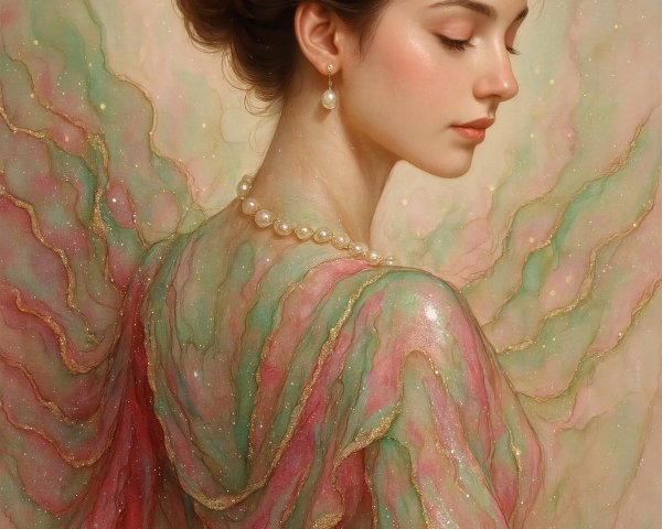 Young woman with pastel wings and pearl necklace