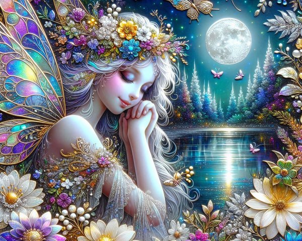 Serene fairy in a magical floral landscape at night