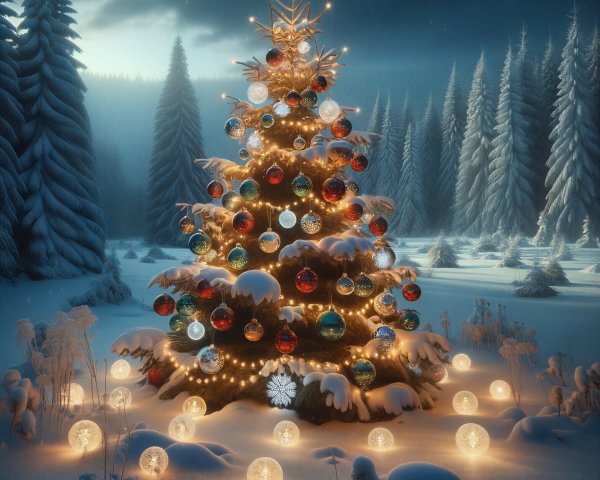 Glowing Christmas tree with colorful ornaments and snow