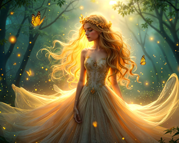 Serene Fairy Tale Scene with Golden Gown and Butterflies
