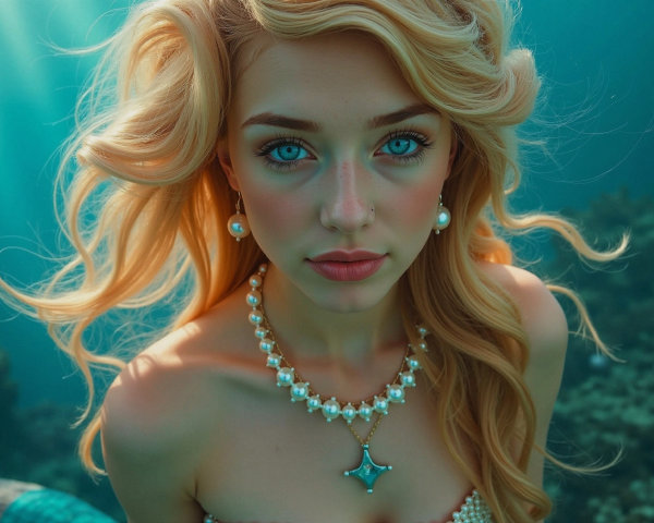 Young Woman Underwater with Elegant Jewelry and Light