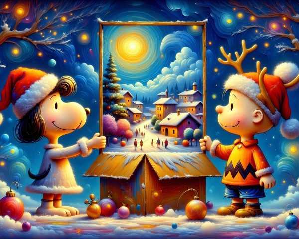 Snoopy and Charlie Brown in Christmas Scene Illustration
