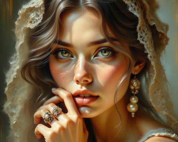 Portrait of a Young Woman with Lace Veil and Jewelry