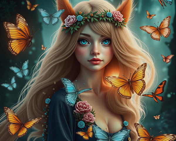 Mystical Girl in Floral Crown Surrounded by Butterflies