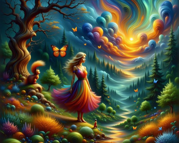 Whimsical Landscape with Sunset and Colorful Flora