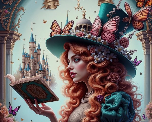 Whimsical Scene of Woman in Teal Hat and Fairytale Castle