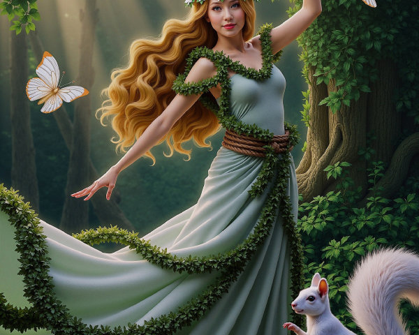 Graceful figure in green gown in sunlit forest