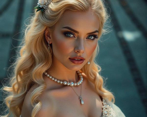 Elegant woman in off-shoulder gown with floral accessory