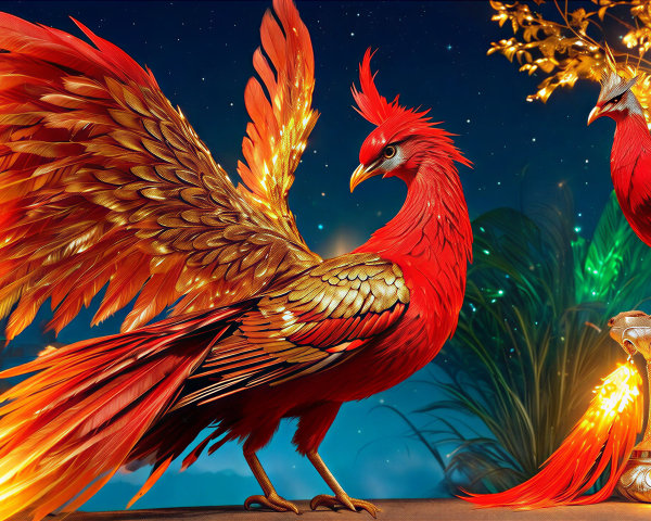 Majestic phoenix with vibrant feathers in twilight setting