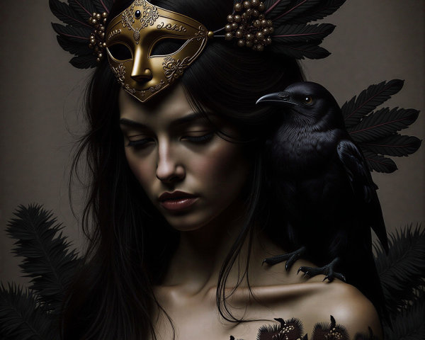 Woman in Ornate Mask with Raven and Dark Foliage